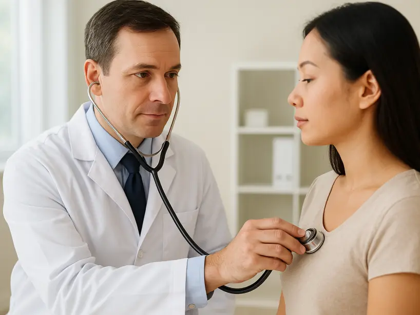 Doctor performing a primary care checkup with a stethoscope